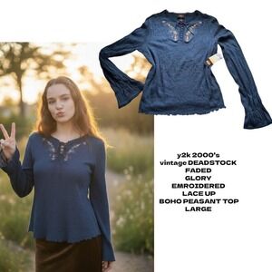 Y2K 2000'S Deadstock faded glory peasant embroidered lace up top large‎ nwt #3